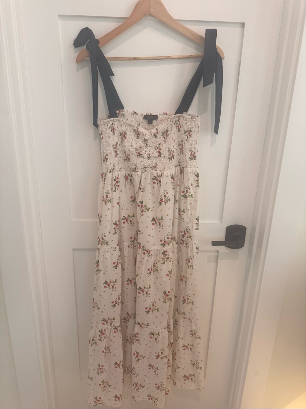 J. Crew Cream Floral Smocked Maxi Dress with Black Tie Straps